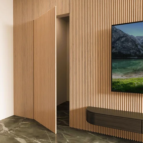 Miniatura 7 de Art3d Paneles de pared de madera de listones para decoración de interiores y techos, paquete de 4 piezas + 1 moldura final, tamaño 108 x 5.7 Roble