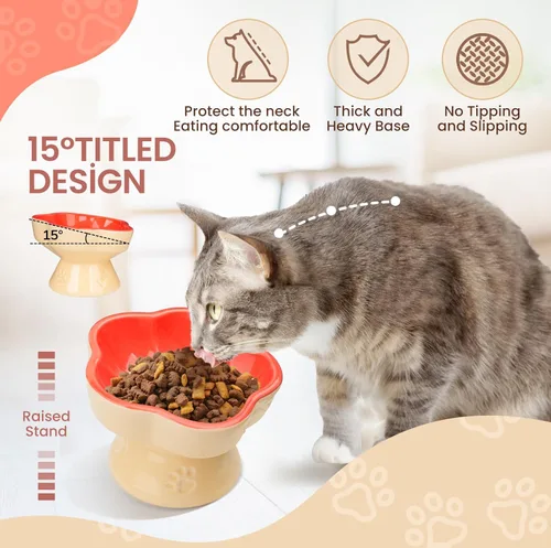 Miniatura 3 de S&Q'S CERAMICS Tazón Elevado para Gatos, Cuenco Elevado para Gatos para Comida y Agua, Plato de Cerámica Inclinado, Anti Vómito y Amigo