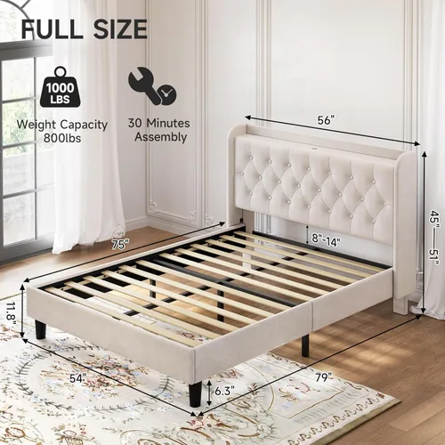 Miniatura 2 de koorlian Marco de cama tamaño completo, marco de cama completa con cabecero, marco de cama tapizado de terciopelo ajustable con puerto tipo C y USB