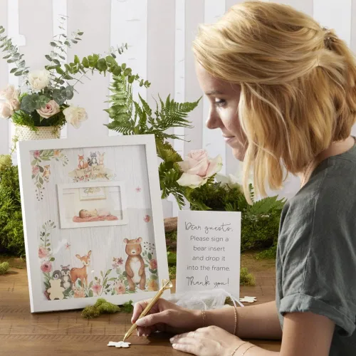 Miniatura 8 de Kate Aspen Woodland, tamaño único, libro de invitados de baby shower alternativo con inserciones de oso de peluche de madera