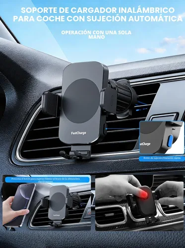 Miniatura 7 de Cargador de coche inalámbrico, soporte de teléfono de carga rápida de 15 W, soporte de teléfono con sujeción automática para parabrisas, ventilación