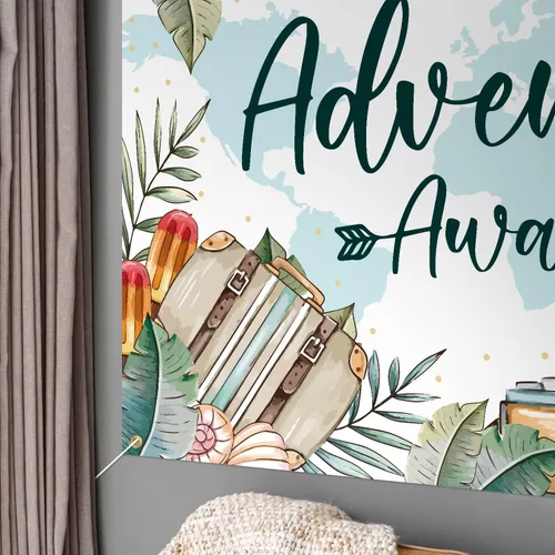 Miniatura 5 de Decoración de telón de fondo blanco con texto en inglés "Adventure Awaits", decoración de fiesta temática de viaje para baby shower, 3.9 x 5.9 pies