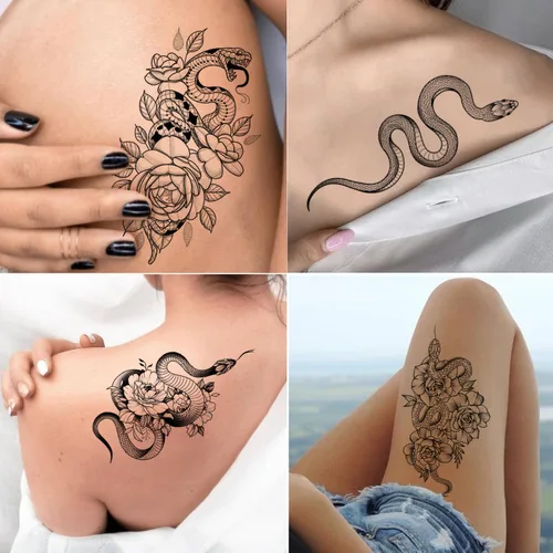 Miniatura 6 de Tazimi Tatuajes temporales de serpiente, 12 hojas 3D negras realistas de serpiente, rosa, tatuajes florales, calcomanías grandes y sexys