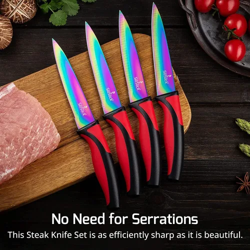 Miniatura 2 de SiliSlick Juego de cuchillos para carne de acero inoxidable, cuchillos de cocina coloridos con revestimiento de titanio con borde recto, suave