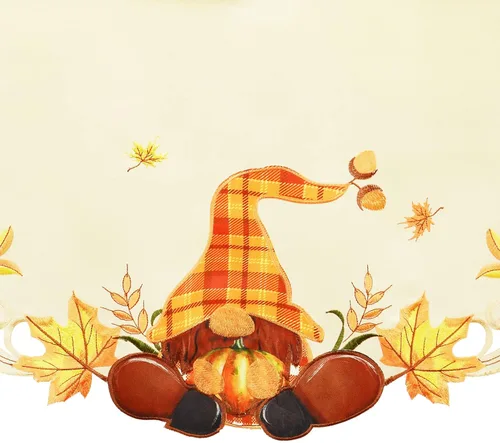 Miniatura 3 de Manteles bordados de gnomos y calabazas de cosecha de otoño para Acción de Gracias (redondo de 69 pulgadas)