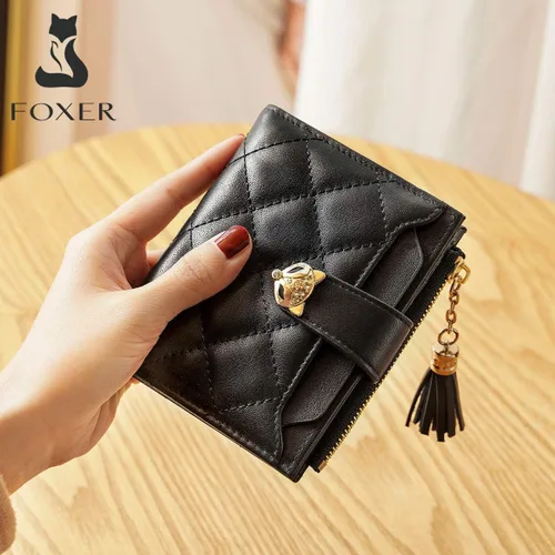 Miniatura 7 de Cartera de cuero para mujer, pequeña billetera plegable acolchada, tarjetero, Negro2, Classic