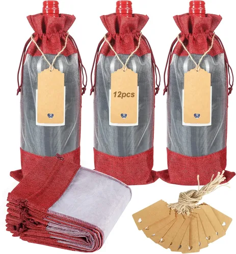 Miniatura 10 de Bolsas de vino de yute, 10 bolsas de arpillera roja para botellas de 25.4 fl oz con ventana transparente, bolsas de regalo de organza con cordón