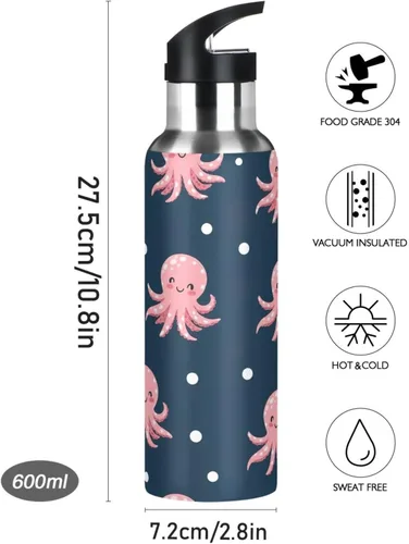 Miniatura 9 de Cute Pink Cartoon Octopuses Insulated Stainless Steel Water Bottle with Straw 20 Oz Leakproof Water Bottles, BPA-Free Sports Water Bottle