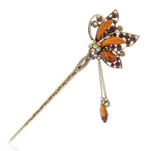 YOY Moda larga decoración de pelo chino estilo tradicional mujeres niñas palo pelo horquilla hacer el pelo accesorio con mariposa, café
