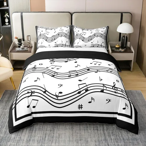 Miniatura 11 de Juego de ropa de cama tamaño King 100% algodón con notas musicales de piano y clave musical, juego de ropa de cama para niños y niñas, diseño retro