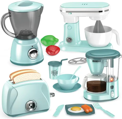 Shemira Accesorios de Cocina de Juguete, Juego de Electrodomésticos de Cocina de Juguete con Cafetera, Licuadora, Batidora, Tostadora, Juego de Verde