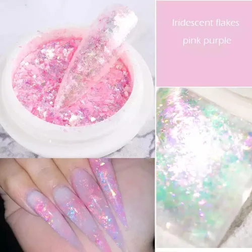 Miniatura 3 de 4 cajas de uñas en polvo holográfico con purpurina en polvo de ópalo cromado, escamas irregulares brillantes de sirena, lentejuelas rosa y morado