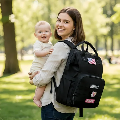 Miniatura 6 de Mochila para pañales para papá y mamá con puerto de carga USB, correas para cochecito y bolsillo aislado, mochila de viaje militar del ejército