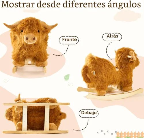 Miniatura 5 de Caballo mecedora bebé, caballo de madera de ganado Highlander para niños de 1 año lindo vaca de peluche suave cabalgadura juguete mecedora animal