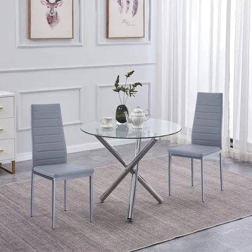 Miniatura 12 de Juego de mesa de comedor redonda negra para 2, mesa de cocina de vidrio templado con 2 sillas de piel sintética, juego de comedor de 5 piezas