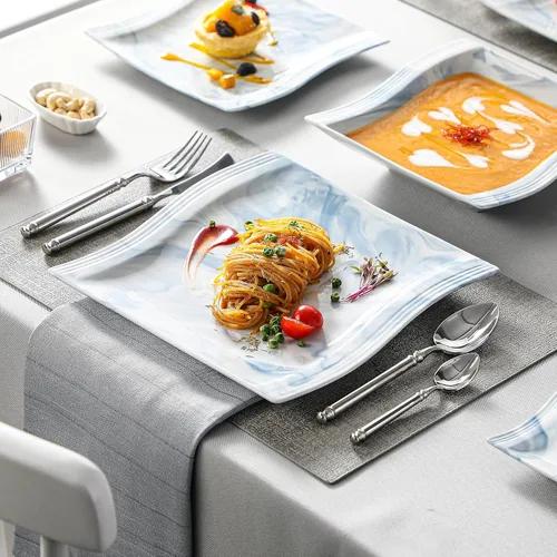 Miniatura 6 de MALACASA - Juegos de vajilla para 6, 30 piezas de platos y tazones de porcelana, juego de vajilla cuadrada con plato para cena y tazón, taza y Azul