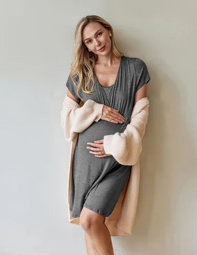Miniatura 4 de Ekouaer Camisón de enfermería 3 en 1 camisón de maternidad de manga corta vestido de enfermería para lactancia materna ropa de dormir vestido