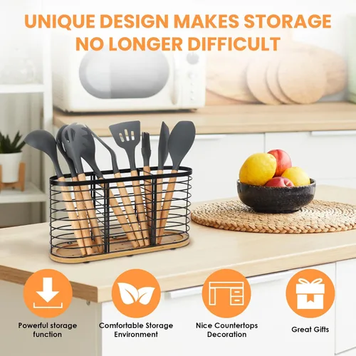 Miniatura 2 de Soporte para utensilios para encimera de cocina, soporte grande para utensilios de cocina de granja, 13.5 x 4.3 x 6.9 pulgadas, con base de madera