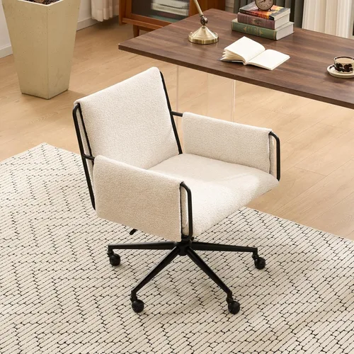 Miniatura 3 de Rowill Silla de oficina moderna, tela beige Boucle, altura ajustable, capacidad de 300 libras, ruedas, reposabrazos, perfecta para oficina en casa