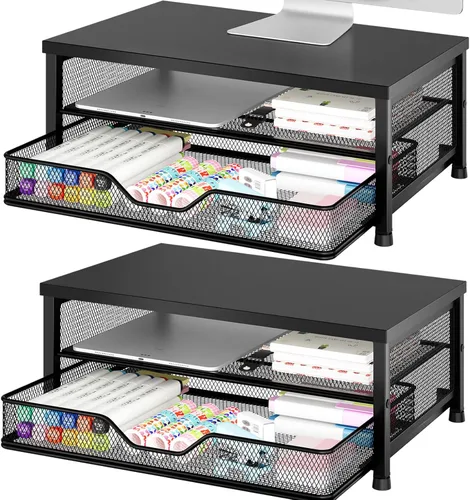 Miniatura 17 de OPNICE - Organizadores y accesorios de escritorio, con soporte de monitor de computadora de 2 niveles, cajón y 2 soportes para bolígrafos, Roble
