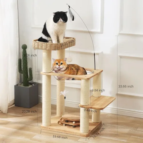 Miniatura 3 de Torre de árbol de madera para gatos con cápsula espacial, nido de cesta tejida a mano, juguete de plumas, bolas colgantes, postes de sisal, escalada