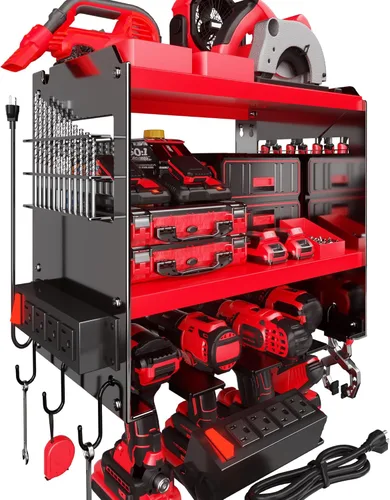 Miniatura 12 de Spampur Organizador grande de herramientas eléctricas de montaje en pared con estación de carga, estante de almacenamiento de herramientas de metal