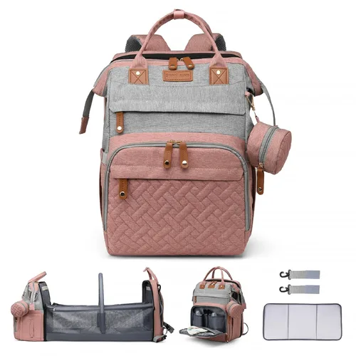 Miniatura 14 de Bolsa de pañales con cambiador, mochila para pañales, bolsa de pañales de viaje 7 en 1, bolsa para mamá con puerto de carga USB (rosa-gris)