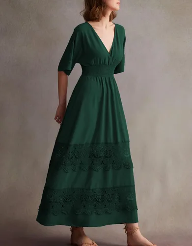 Miniatura 34 de Vestido largo de encaje para mujer de manga corta y cuello en V, vestido de fiesta estilo bohemio con cintura fruncida, vestido bohemio para mujer