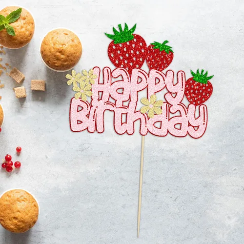 Miniatura 4 de 1 paquete de decoración de pastel de fresa con purpurina para temática de frutas, baby shower, fiesta de cumpleaños de niños, suministros
