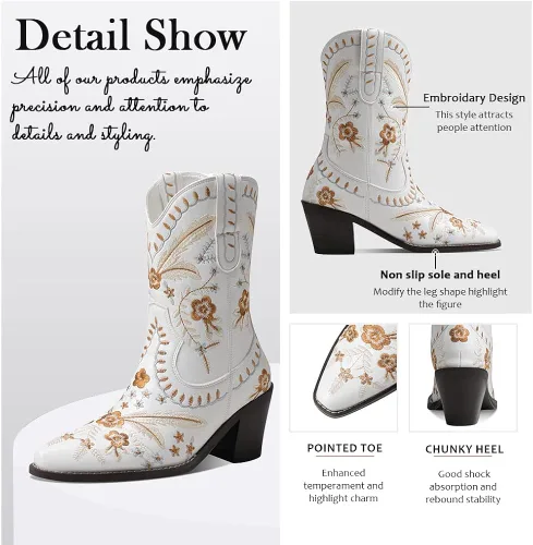 Miniatura 4 de Uacllcau Botas vaqueras bordadas para mujer botas vaqueras florales de tacón bajo y grueso botas occidentales para boda vestido de novia