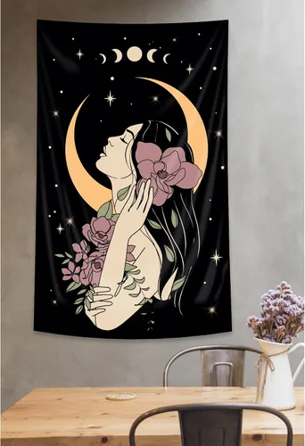 Miniatura 4 de Riyidecor Tapiz vertical de mujer misteriosa de fase lunar, bohemio, pequeño, gótico, para colgar en la pared, plantas florales, hojas estrelladas