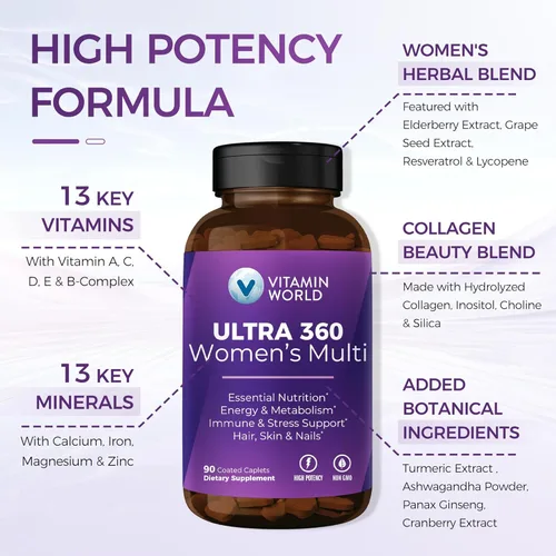 Miniatura 3 de Vitamin World Multivitamínico Ultra 360 para Mujeres, Multivitamínico para Mujeres con Hierbas y Colágeno para Cabello, Piel y Uñas, Suplemento