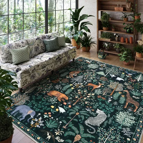 Miniatura 20 de OJIA Alfombras azules con estampado de selva de 5 x 7 pies para sala de estar, suaves, ultrafinas, lavables, para dormitorio, alfombra de entrada