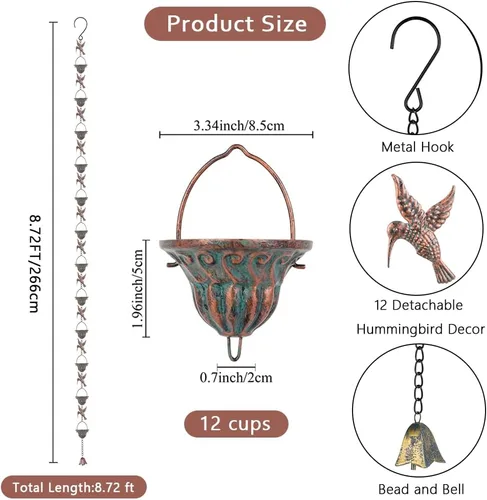 Miniatura 2 de Cadena de lluvia para canalones, cadenas de lluvia de 8.7 pies con 12 tazas y decoración de colibrí desmontable, cadena de captura de lluvia Colibrí
