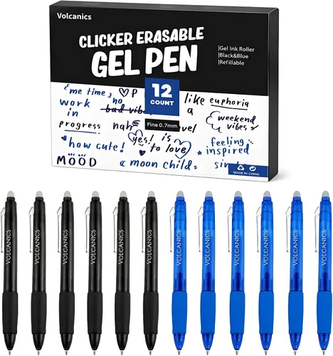 Volcanics Bolígrafos de Gel Borrables Retráctiles Clicker - Punta de Bola de 0.7mm, Borrado por Calor con Borrador Integrado, Paquete de 12 Negro y