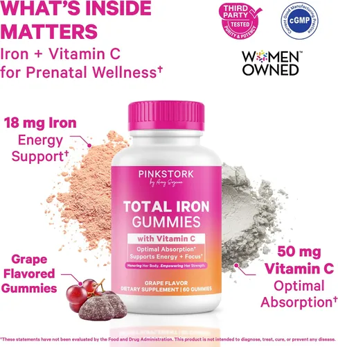 Miniatura 2 de Gomitas de suplemento prenatal de hierro para mujer, 20 mg, 60 unidades de Pink Stork Con vitamina C para absorción, sabor a uva, alivia