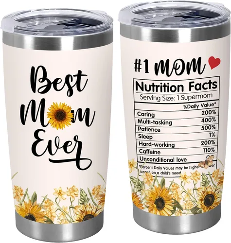 TEEZWONDER Regalos para el Día de la Madre para mamá de hija e hijo, # 1 Información nutricional de girasol, vaso de café aislado de acero