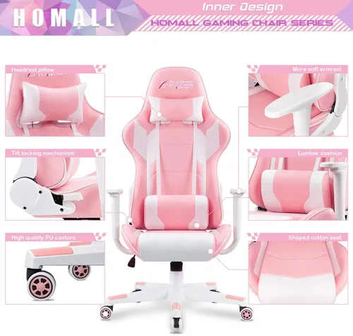 Miniatura 4 de Homall - Silla ejecutiva con respaldo alto, de piel sintética, ergonómica, ajustable y giratoria con soporte lumbar y reposacabezas para juego, Rosa