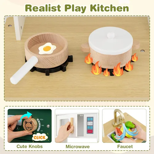 Miniatura 3 de HONEY JOY Play Kitchen, juego de cocina retro de juguete de madera con estufa, fregadero, grifo, microondas, máquina de hielo, utensilios de cocina