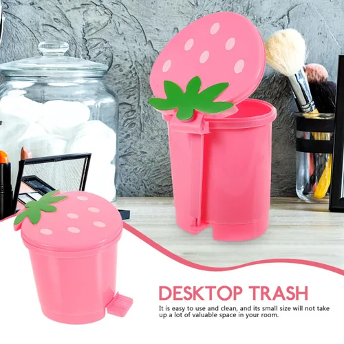 Miniatura 5 de Papelera de escritorio, contenedor de plástico rosa con tapa, tamaño mini para oficina en casa, decoración creativa