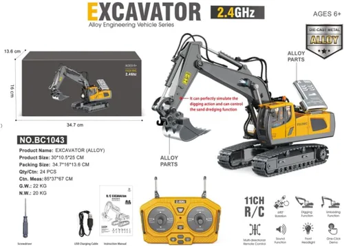 Miniatura 6 de Excavadora con control remoto con luces y efectos de sonido, 1:20 2.4G 11CH Vehículos de construcción de aleación, rotación de 360°, camión RC