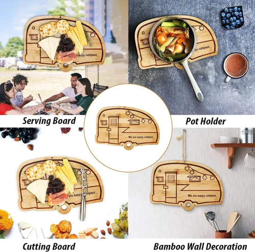 Miniatura 3 de Tabla de cortar para autocaravana, campamento, retro, Happy Camper, tabla de cortar de madera de bambú, bandeja de servir perfecta y divertida