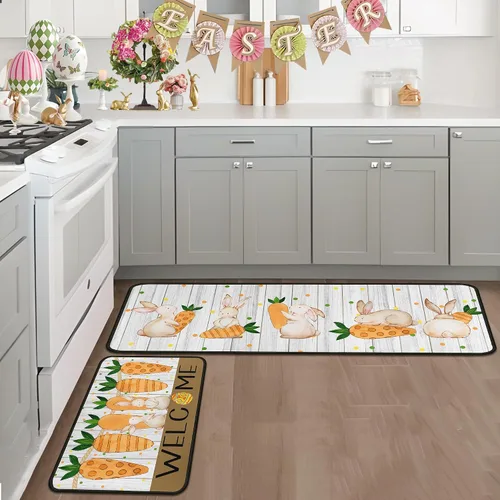 Miniatura 8 de Juego de 2 alfombras y tapetes de cocina de conejo de zanahoria y conejo, decoración de Pascua antideslizante, decoración de Pascua para el hogar