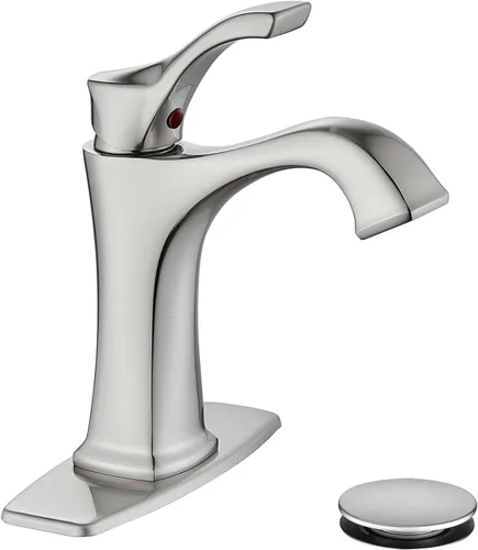Grifo de Baño de Níquel Cepillado, Grifo de Lavabo de Baño Centerset de Una Sola Manija Sanliv con Desagüe Pop-Up y Placa de Cubierta para