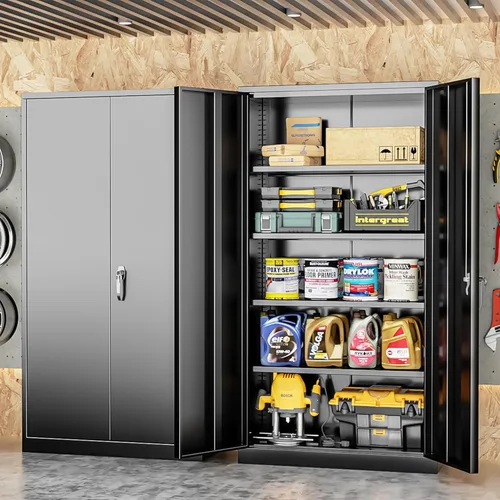 Miniatura 2 de INTERGREAT Gabinete de almacenamiento con puertas y estantes, gabinetes de almacenamiento de garaje de metal con cerradura, gabinete de suministro