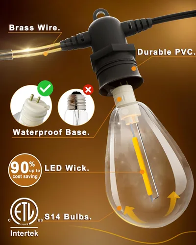 Miniatura 3 de Guirnalda de luces LED para exteriores de 30 pies con 10+1 bombillas Edison inastillables IP65, impermeables, regulables de 2700 K, luces de patio