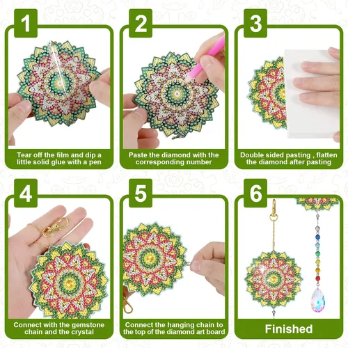 Miniatura 4 de Yeaqee 6 piezas de pintura de diamante, diseño de mandala, campanillas de viento de doble cara, manualidades de pintura para adultos, ventana