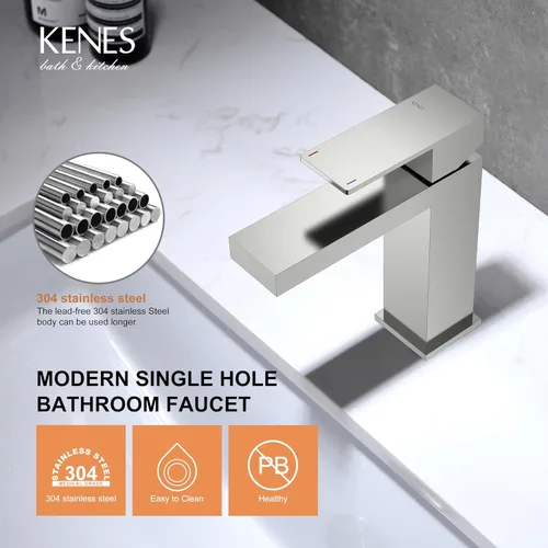 Miniatura 7 de KENES Grifo de lavabo de baño de una sola manija, grifo de tocador de níquel cepillado para fregadero de baño, con tapón de drenaje desplegable