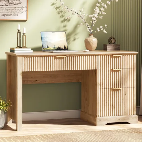 Miniatura 9 de Vabches Fluted Computer Desk with Power Outlets, Home Office Desk with Drawers, Printer Stand, Wood Computer Desk with Long Monitor Stand, Oak