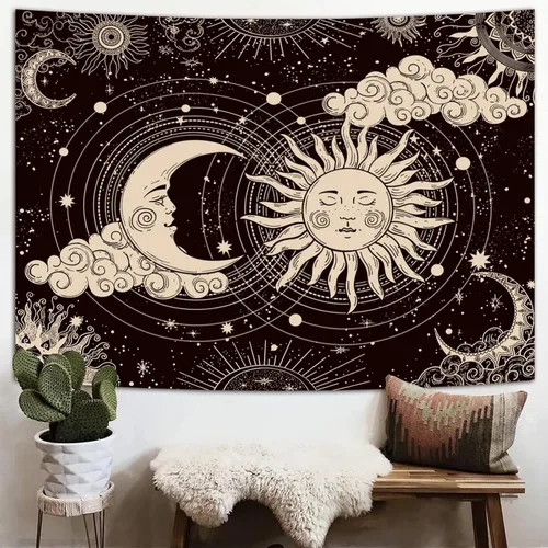 Miniatura 2 de Wonrizon Tapiz de Sol y Luna, Estético Negro Oscuro Tapices Espirituales Místico Sol Ardiente con Nubes Estrella Decoración Colgante de Pared